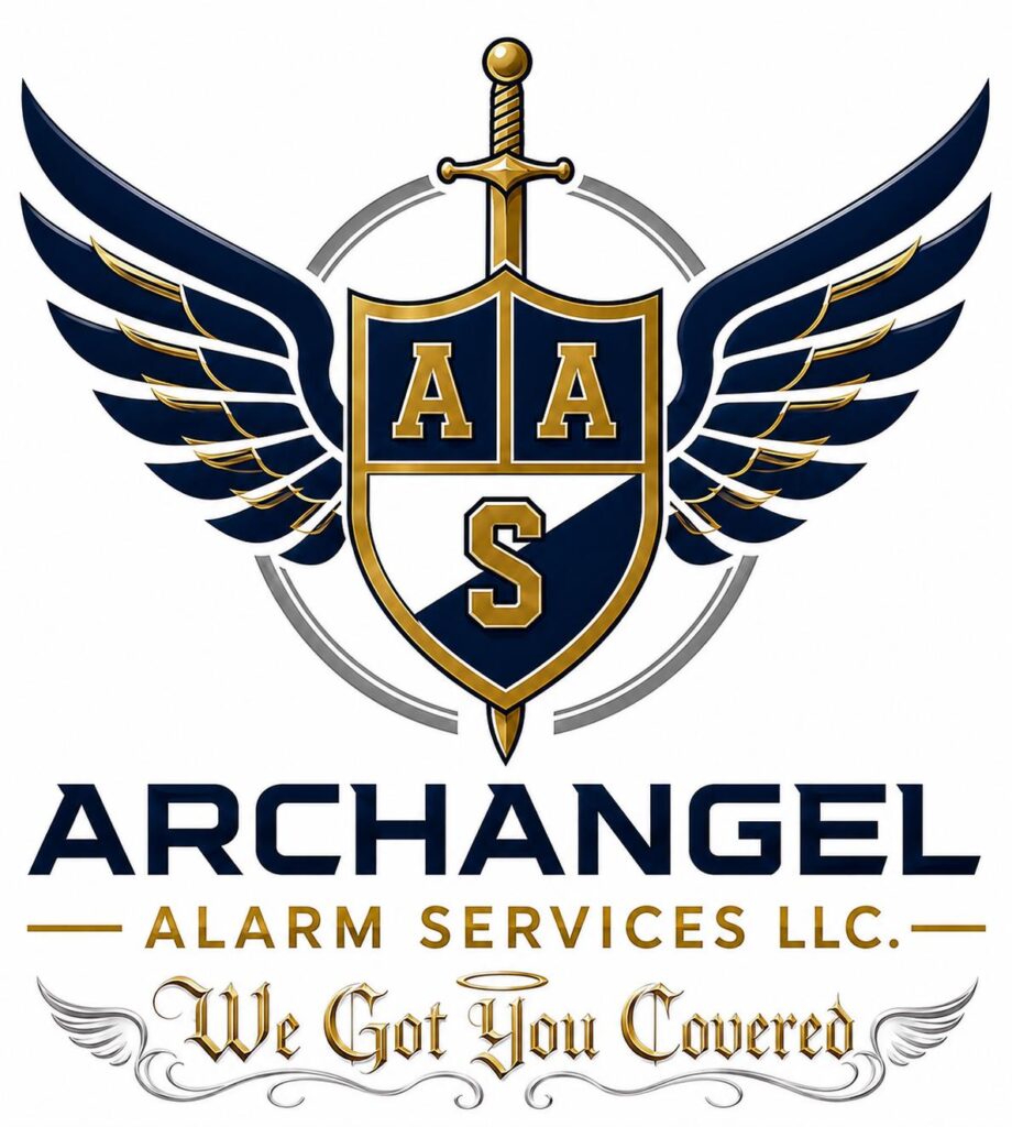 A winged shield with a sword, "AAS," and Archangel Alarm Services LLC. We Got You Covered text.