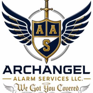 Logo for Archangel Alarm Services LLC featuring a winged shield, sword, AAS initials, and slogan text.